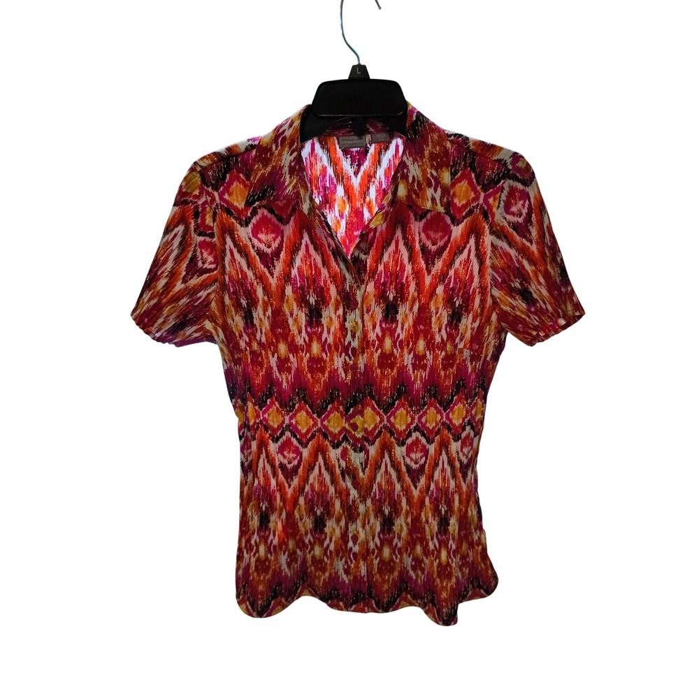 Laura Scott Pink Orange Ikat Geometric Print Short Sleeve Button Down Shirt M